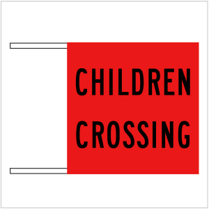 R3-3A – Red CHILDREN CROSSING FLAG ASAP Signs in black text, indicating a pedestrian area for child safety