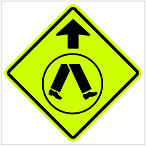 W6-2 – PEDESTRIAN CROSSING AHEAD Sign with an icon of a person walking on the left, signaling a designated crossing zone made by ASAP Signs
