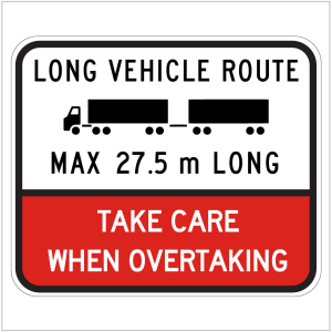 MR-WM-2-3 A temporary warning signs for long vehicle routes, illustrating a size of max 27.5m long for truck and trailer, produced by ASAP Signs WA ONLY