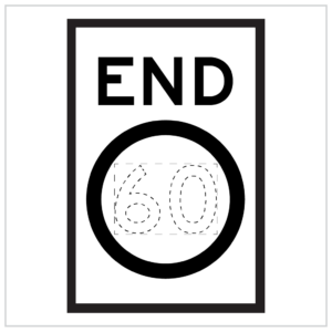 RM4-12D – END SPEED LIMIT ZONE- Black and white traffic sign reading "End 60," signaling the conclusion of a speed limit zone