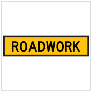 TM2-26B – ROADWORK Black and yellow roadwork sign indicating construction ahead, alerting drivers to proceed with caution
