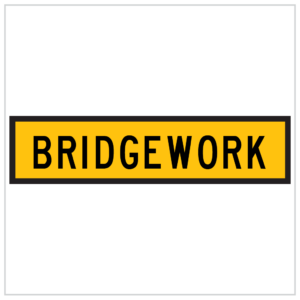 TM2-27B – BRIDGEWORK - A bright yellow sign warning of bridge construction, with clear text and symbols to alert motorists of upcoming work