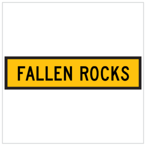 TM3-23B – FALLEN ROCKS IN BLACK TEXT AND YELLOW BACKGROUND SIGN