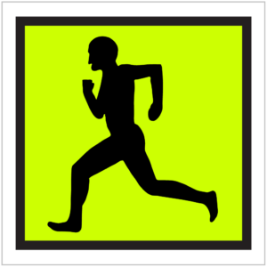 TM9-8A FYG – Silhouette of a man running inside a bright neon green square, indicating a directional sign by ASAP Signs