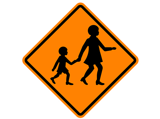 Orange traffic sign showing woman and child crossing the street – buy pedestrian crossing signs at ASAP Signs
